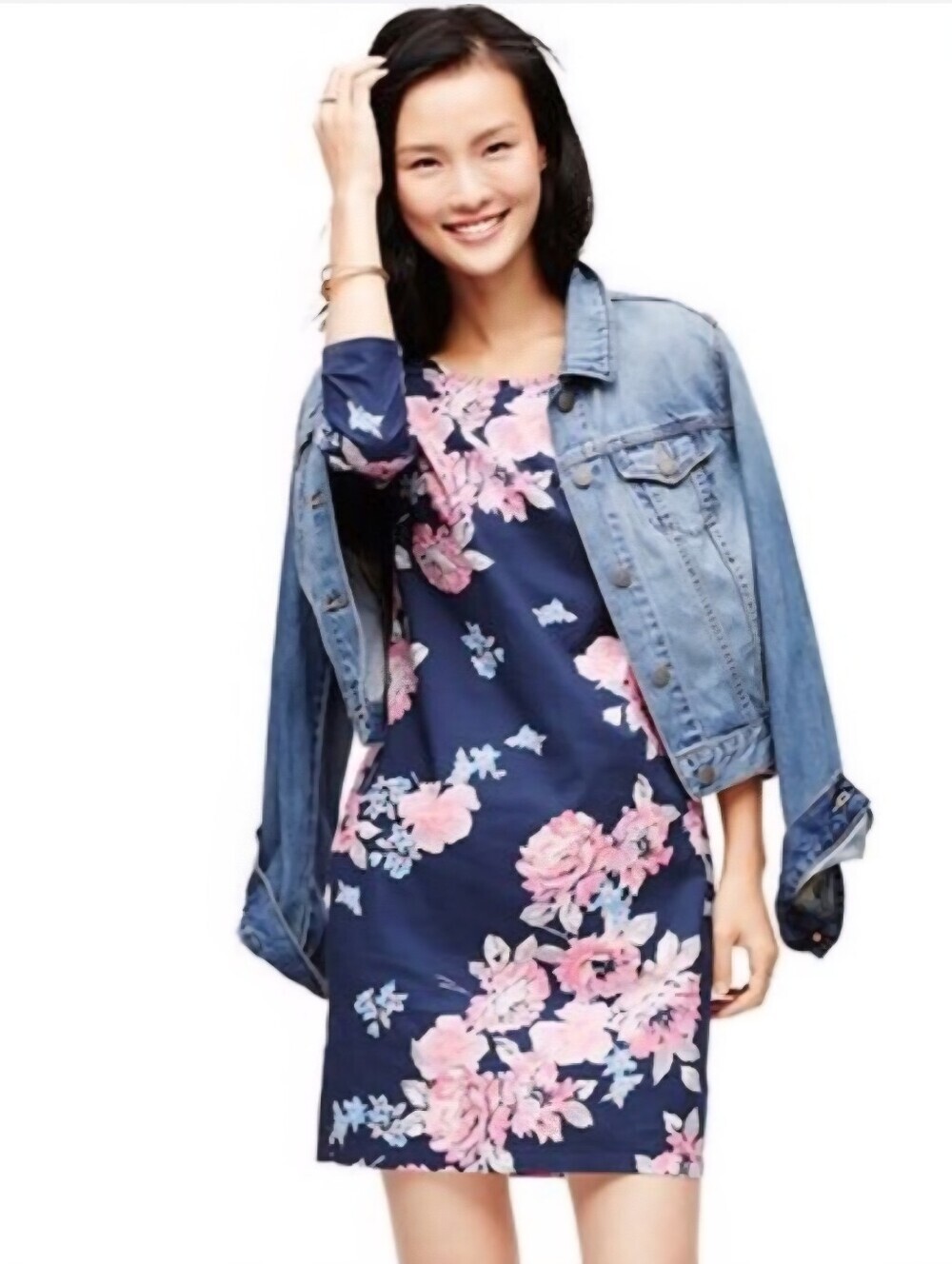 Old Navy 3/4 Sleeve Navy Floral Print Pop Over Shift Dress Women's Medium M EUC